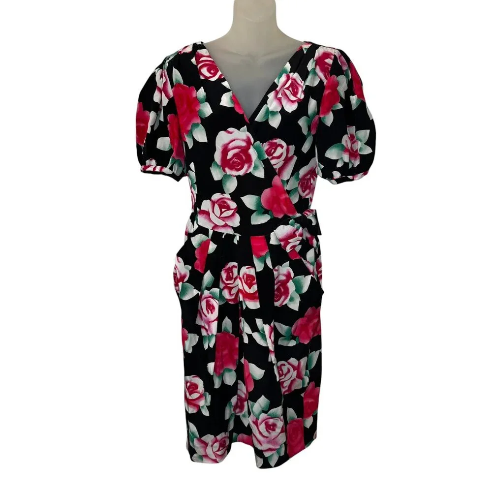 Vintage Nipon Boutique Silk Dress 8 Black Airbrushed‎ Roses Side Bow Wrap Look